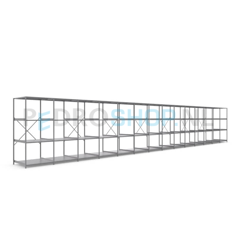 Metalen stellingkast: 230cm (h) x 100cm (d) x 1412cm (l)