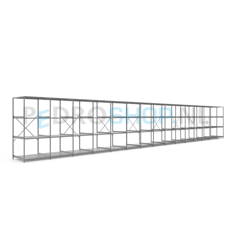 Metalen stellingkast: 230cm (h) x 100cm (d) x 1512.6cm (l)