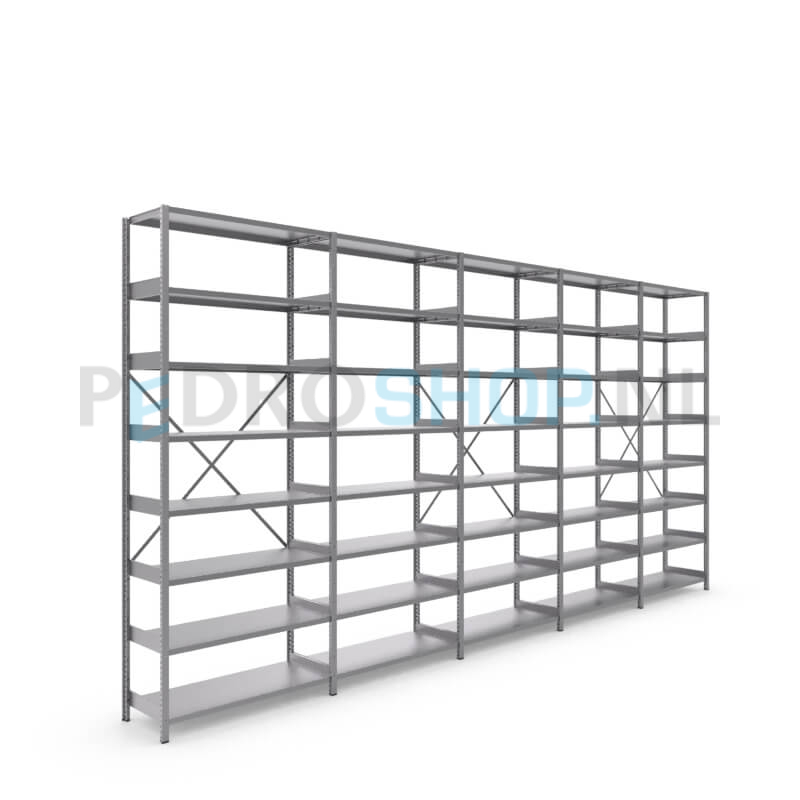 Metalen stellingkast: 250cm (h) x 40cm (d) x 506.6cm (l)