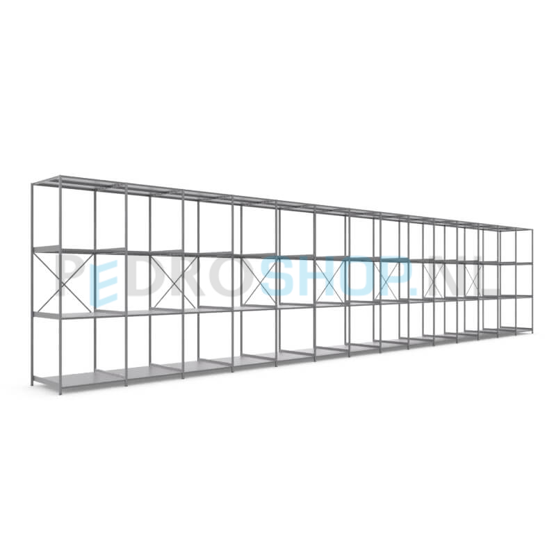 Metalen stellingkast: 300cm (h) x 100cm (d) x 1412cm (l)