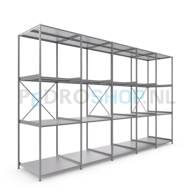 Metalen stellingkast: 300cm (h) x 100cm (d) x 506.6cm (l)