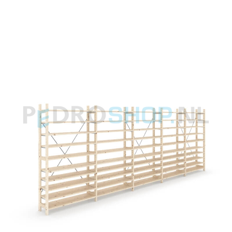 Houten stellingkast Easyrek: 180cm (h) x 30cm (d) x 503cm (l)