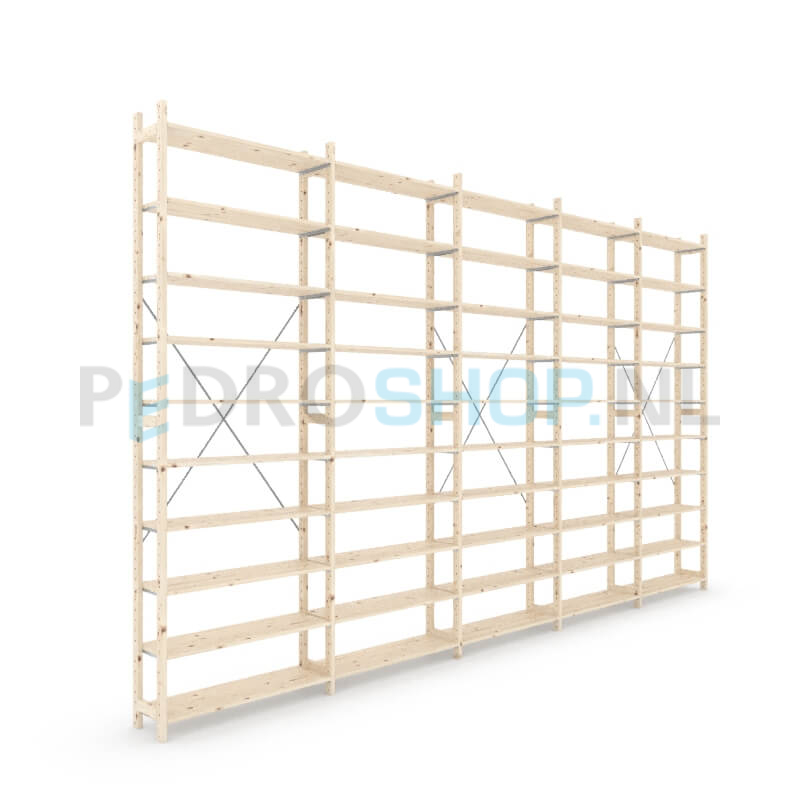 Houten stellingkast Easyrek: 300cm (h) x 30cm (d) x 503cm (l)