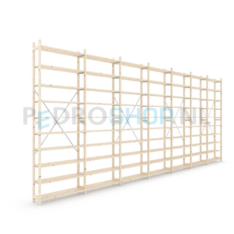 Houten stellingkast Easyrek: 300cm (h) x 30cm (d) x 703cm (l)
